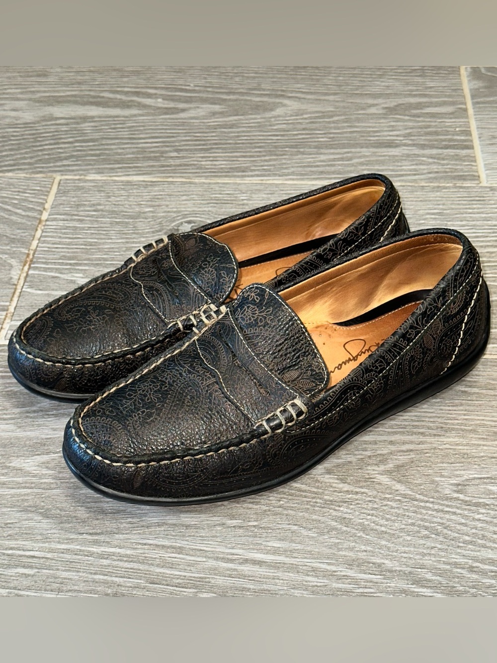 Martin Dingman Paisley Embossed Black Leather Penny Loafers Drivers Men's 9.5M